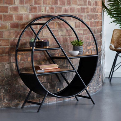 Kingwood Upcycled Industrial Iron Wooden Round 3 Open Shelves Bookcase