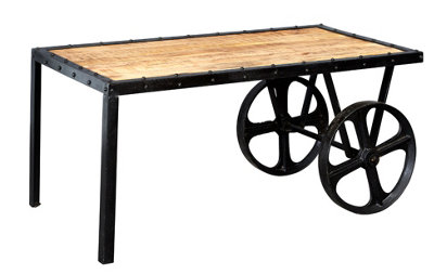 Kingwood Upcycled Industrial Reclaimed Metal & Wood Cart Wheel Base Vintage Coffee Table