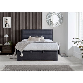 Kirkby Ottoman Storage Bed: Upholstered Slate Grey Fabric Bed with Ottoman Storage