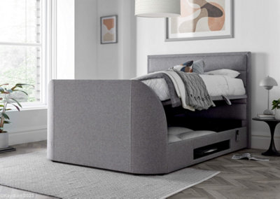 Kirkby TV Bed Frame: Upholstered Grey Fabric with Hidden TV Ottoman Storage