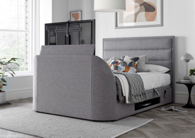 Kirkby TV Bed Frame: Upholstered Grey Fabric with Hidden TV Ottoman Storage
