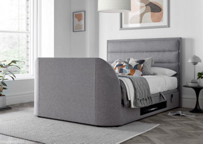 Kirkby TV Bed Frame: Upholstered Grey Fabric with Hidden TV Ottoman Storage