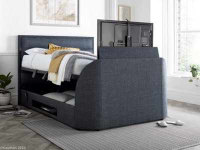 Kirkby TV Bed Frame: Upholstered Slate Grey Fabric with Hidden TV Ottoman Storage