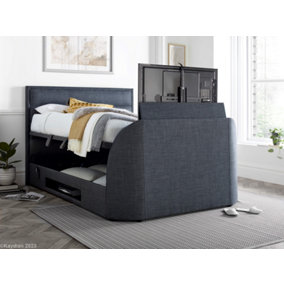 Kirkby TV Bed Frame: Upholstered Slate Grey Fabric with Hidden TV Ottoman Storage