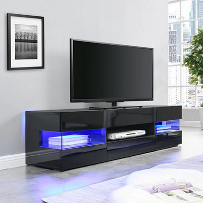 Kirsten TV Stand With Storage for Living Room and Bedroom, 1690 Wide, LED Lighting, Media Storage, Black High Gloss Finish