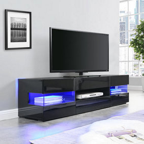 Kirsten TV Stand With Storage for Living Room and Bedroom, 1690 Wide, LED Lighting, Media Storage, Black High Gloss Finish