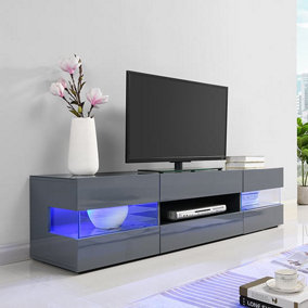 Kirsten TV Stand With Storage for Living Room and Bedroom, 1690 Wide, LED Lighting, Media Storage, Grey High Gloss Finish