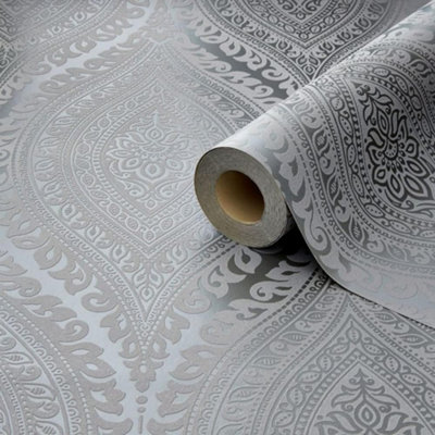 Kismet Damask Kismet Glitter Metallic Effect Wallpaper Silver GranDeco A17703