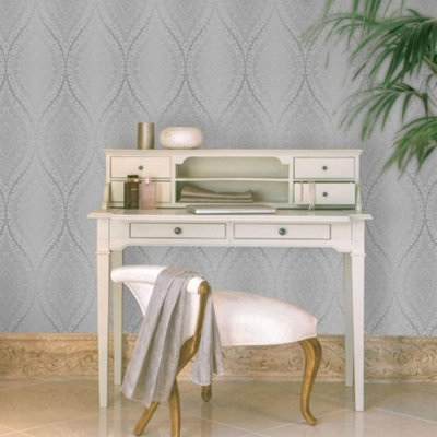 Kismet Damask Kismet Glitter Metallic Effect Wallpaper Silver GranDeco A17703