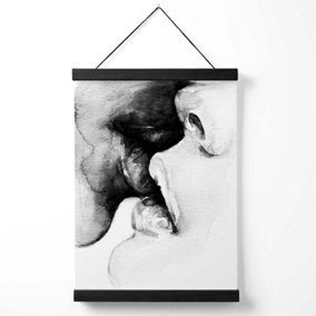 Kissing Couple Abstract Pencil Sketch Medium Poster with Black Hanger