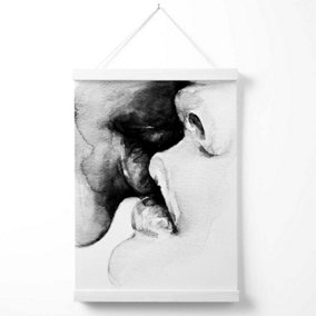 Kissing Couple Abstract Pencil Sketch Poster with Hanger / 33cm / White