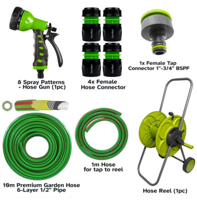 KIT 15 Garden Hose Reel Cart Set with 10m Premium Hose, 8-Pattern Spray ...