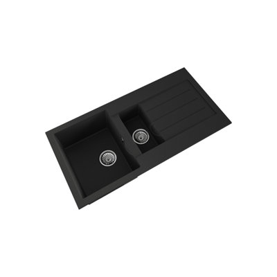 Kitchen 1.5 Bowl Composite Inset Sink with Overflow & Drainer - 1000 x 500mm - Matt Black - Balterley