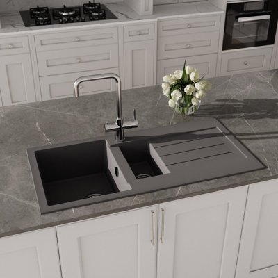 Kitchen 1.5 Bowl Composite Inset Sink with Overflow & Drainer  - 1000 x 500mm - Matt Grey - Balterley