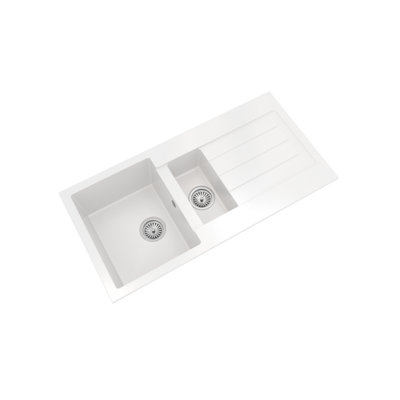 Kitchen 1.5 Bowl Composite Inset Sink with Overflow & Drainer - 1000 x 500mm - Matt White - Balterley