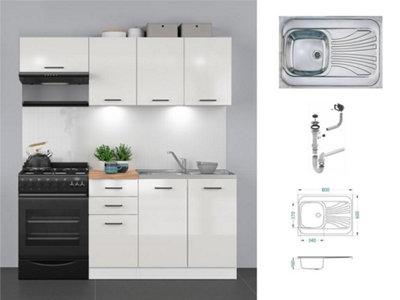 Kitchen 5 Units Set and Sink Complete 180cm 3 Drawer White Chalk Gloss Junona