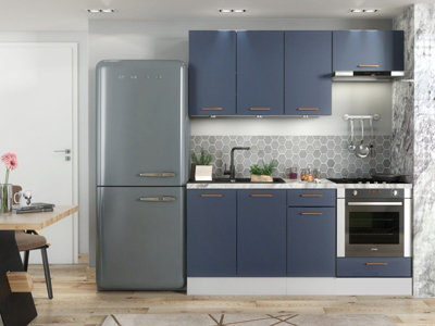 Kitchen 6 Unit Set Cabinet Navy Dark Blue Base Wall Soft Close 180cm Copper Nora