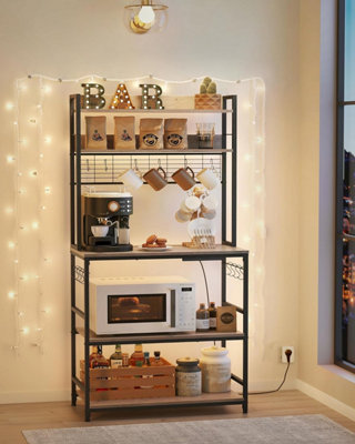 Garvee 63in Tall Farmhouse 5 Tier Bakers Rack Industrial Microwave Stand With Charging Station Cabinets Compact Kitchen Coffee Bar For Small Spaces Apartments Brown