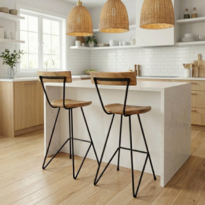 Kitchen Breakfast Bar Stool Wood & Metal with Backrest - Solid Mango ...