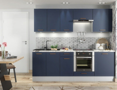 Kitchen 8 Unit Set 240cm Navy Blue / Grey Base Wall Copper