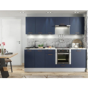Kitchen Cabinet 8 Unit Set 240cm Navy Blue / Grey Base Wall Copper Handle Nora