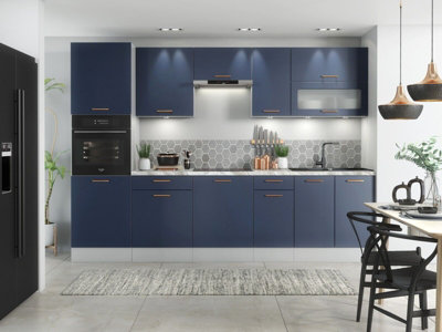 Kitchen Cabinet Set 300cm 9 Unit Navy Blue 3m Base Wall + Tall