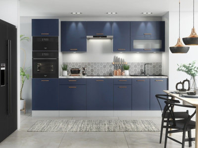 Kitchen Cabinet Set 300cm Navy Blue Base Wall Microwave Oven Housing 9 Unit Nora