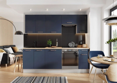 Kitchen Cabinets 7 Unit Cupboard Set Navy Blue 240cm Soft Close Copper Pull Nora