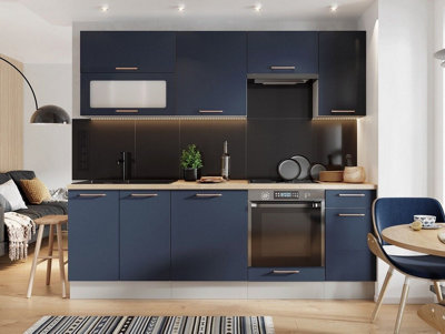 Kitchen Cabinet 8 Unit Set 240cm Navy Blue / Grey Base Wall Copper