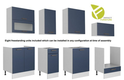 Kitchen Cabinets Set 8 Unit Navy Blue / Grey 240cm Soft Close Copper Handle Nora