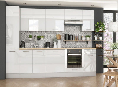 Kitchen Cabinets Set 9 Units with Tall Larder Pantry + Oven Housing Soft Close 280cm Complete DIY Set White Gloss Ella