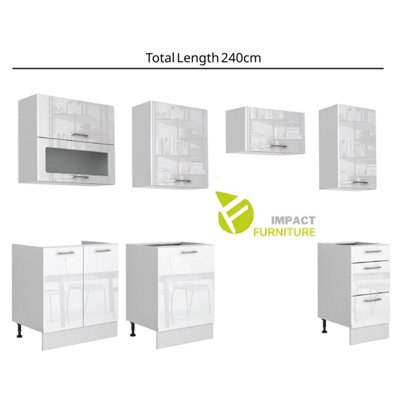 Kitchen Cabinets Set White Gloss 7 Units 240cm Package Modern Soft ...