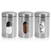 Kitchen Canister Set 3 Piece Coffee Tea Sugar Caddy Clear Viewing Window Silver