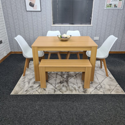 Kitchen Dining Table, 4 White Chairs And 1 Bench Padded Cushioned Seats Chairs Oak Effect Wood Table Set 6 (140x80x75cm)