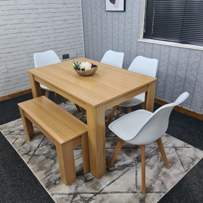 Kitchen Dining Table, 4 White Chairs And 1 Bench Padded Cushioned Seats Chairs Oak Effect Wood Table Set 6 (140x80x75cm)