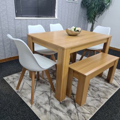 Kitchen Dining Table, 4 White Chairs And 1 Bench Padded Cushioned Seats Chairs Oak Effect Wood Table Set 6 (140x80x75cm)