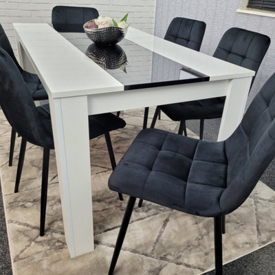 Kitchen Dining Table Set Of 6 Wooden White and Black Table Black Velvet Tufted Chairs