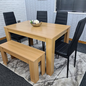 Kitchen Dining Table With 4 Chairs 1 Bench Dining Table Room Set 6 Wooden OAK Effect Table 4 Black Chairs 1 OAK Bench Kosy Koala