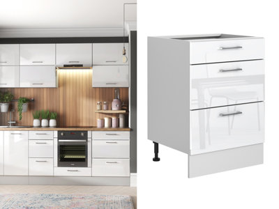 Kitchen Drawer Unit 600mm Base Cabinet 60cm Storage Cupboard White Gloss Modern Soft Close Ella