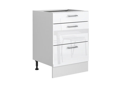 Kitchen Drawer Unit 600mm Base Cabinet Cupboard White Gloss / Grey Soft Close Ella