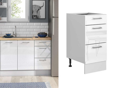 Kitchen Drawer Unit Base Cabinet White Gloss 400mm Storage Cupboard Chrome Modern Handles Ella