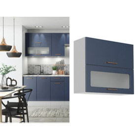 Kitchen Glass Wall Cabinet 800mm Unit Navy Blue Display Cupboard Lift Up Nora