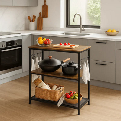 Kitchen Island Shelf, Rack with 3 Shelves & Hooks, Rustic Brown & Black
