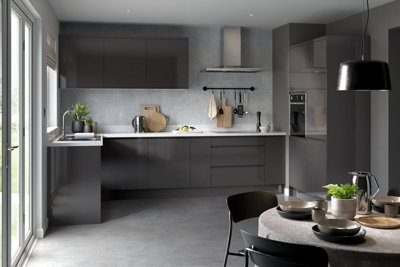 Kitchen Kit 3 Drawer Base Unit 800mm w/ J-Pull Cabinet Door - Super Gloss Graphite
