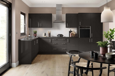 Kitchen Kit Graphite Gloss Slab Door Single Extractor Wall Mounted Unit Cabinet Soft Close Flatpack - 600x455mm