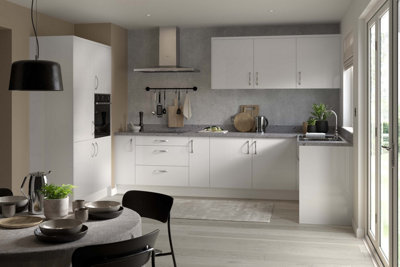 Kitchen Kit Oven & Microwave Tall Housing Unit 600mm w/ Slab Cabinet Door - Super Gloss Light Grey