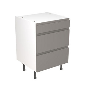 Kitchen Kit Pre-Built Dust Grey Matt Base Unit 600mm - 3 Drawer Cabinet J-Pull Door - Screwless Quick Build Unit Easy Install