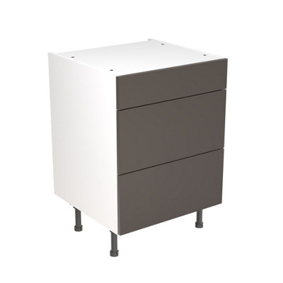 Kitchen Kit Pre-Built Graphite Matt Base Unit 600mm - 3 Drawer Cabinet Slab Door - Screwless Quick Build Kitchen Unit Easy Install
