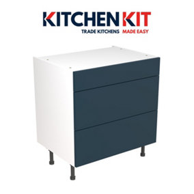 Kitchen Kit Pre-Built Indigo Blue Matt Base Unit 800mm - 3 Drawer Cabinet Slab Door - Screwless Quick Build Easy Install