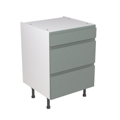 Kitchen Kit Sage Green Matt J-Pull Door Base Unit Cabinet Handleless 3 Drawer Soft Close Flatpack - 600x870mm